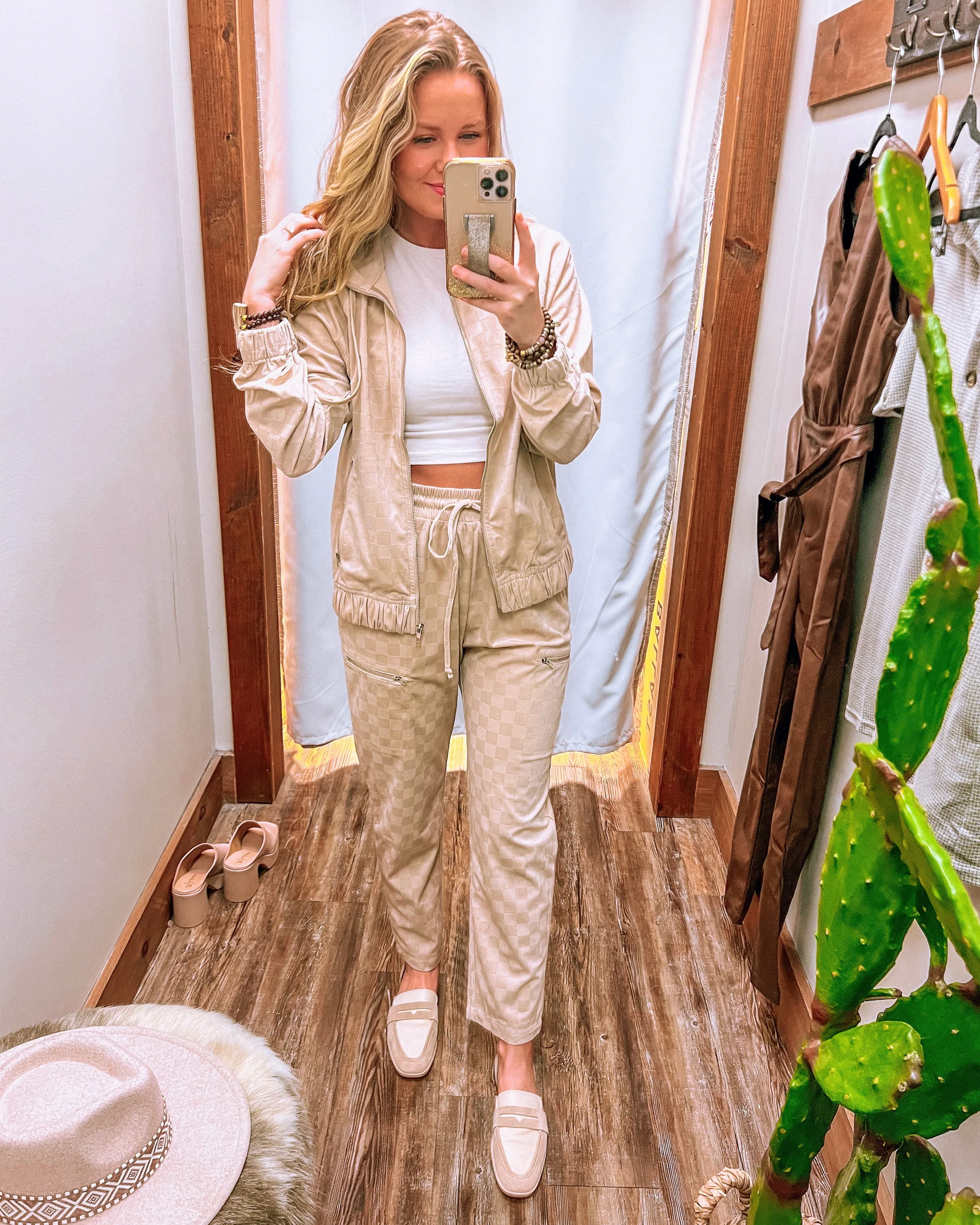 In The Cozy Season Taupe Check Burn Out Velvet Jacket
