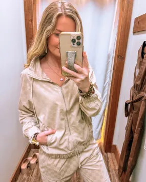 In The Cozy Season Taupe Check Burn Out Velvet Jacket
