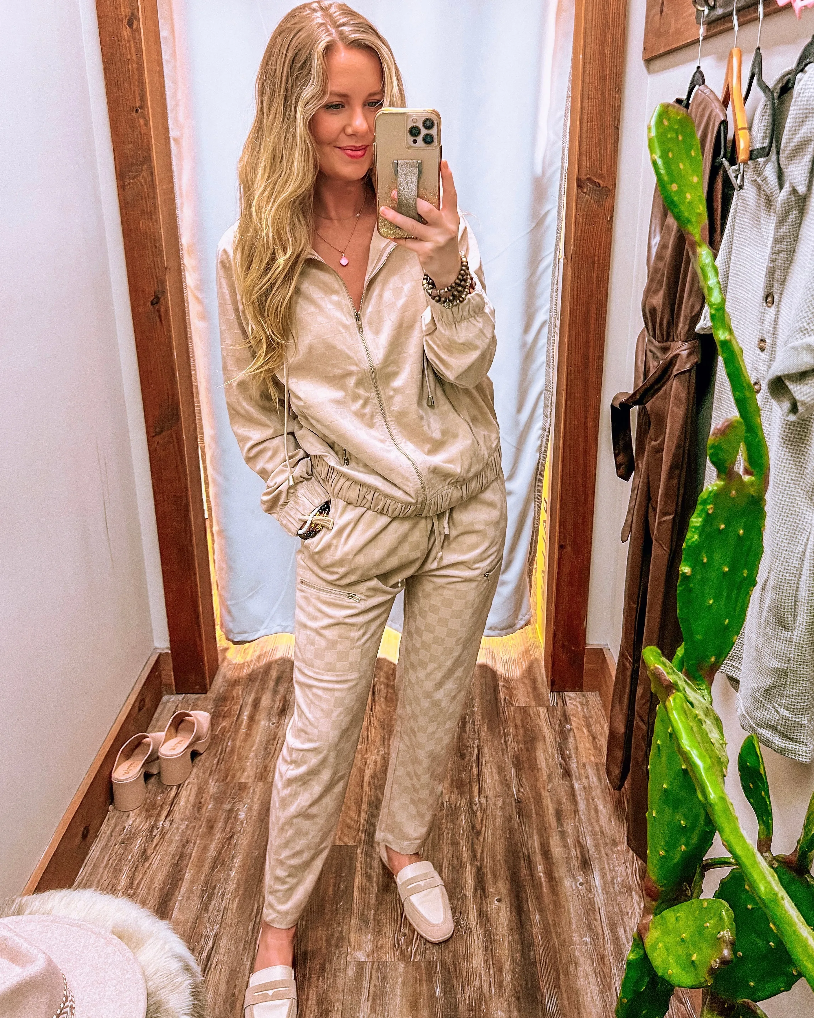 In The Cozy Season Taupe Check Burn Out Velvet Jacket