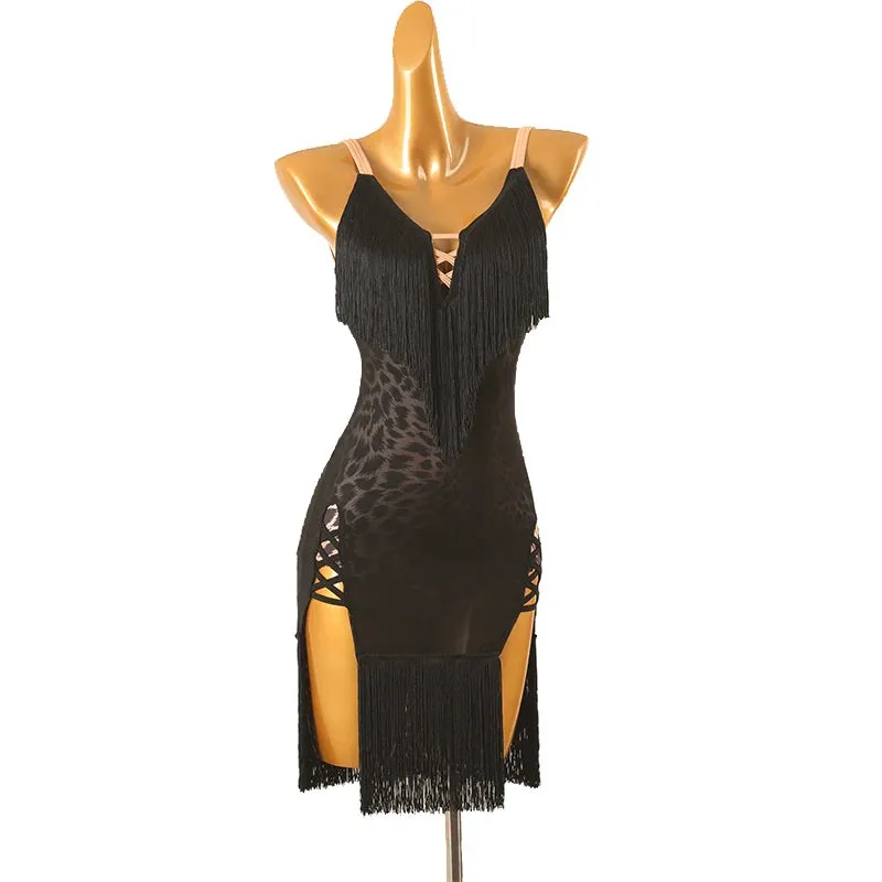 Latin Dance Dress with Fringe and Leopard Print Detail Pra 1461