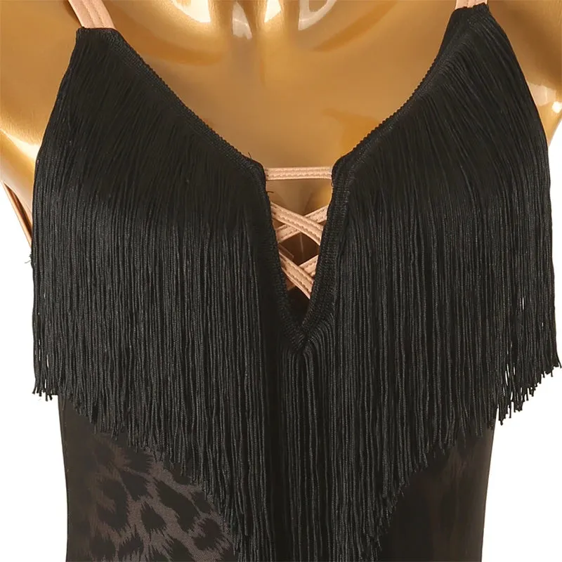 Latin Dance Dress with Fringe and Leopard Print Detail Pra 1461