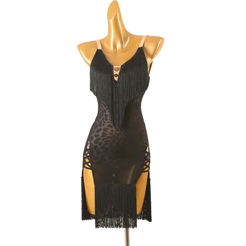 Latin Dance Dress with Fringe and Leopard Print Detail Pra 1461