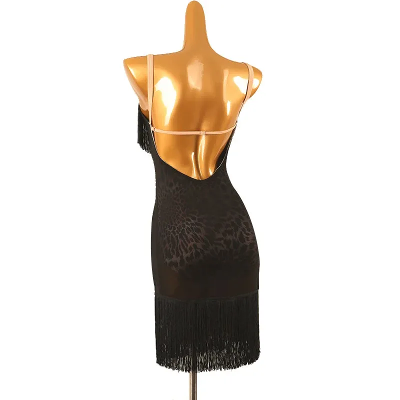 Latin Dance Dress with Fringe and Leopard Print Detail Pra 1461
