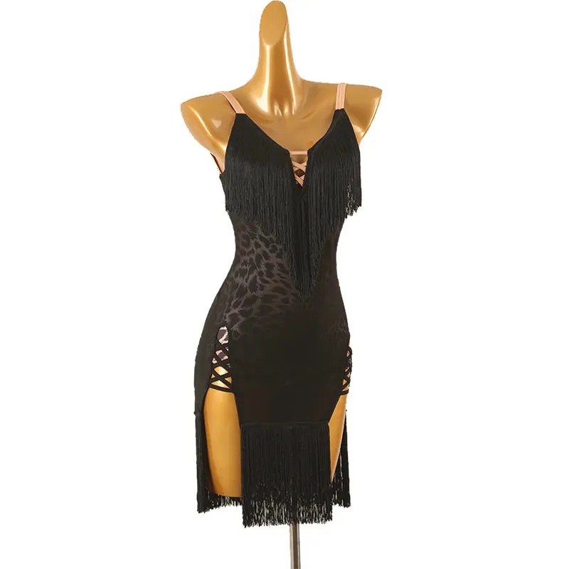 Latin Dance Dress with Fringe and Leopard Print Detail Pra 1461