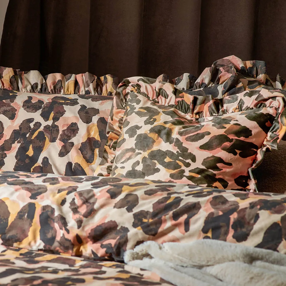 Leopard Printed Velvet Ruffle Cushion Multicolour