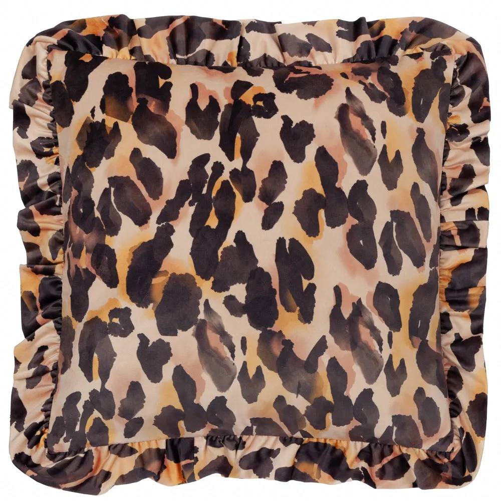 Leopard Printed Velvet Ruffle Cushion Multicolour
