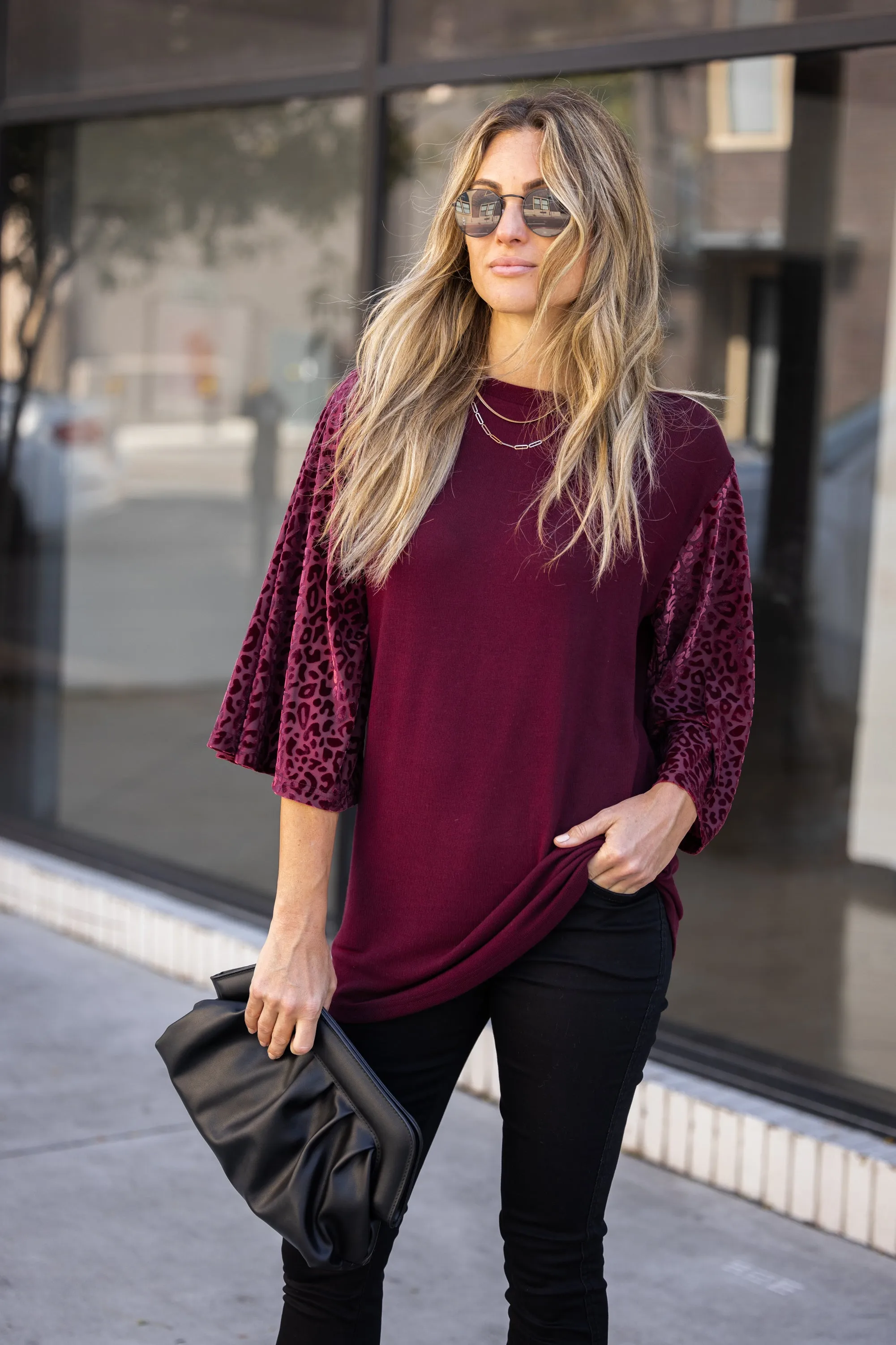 LS Boat Neck with Velvet Leopard Burnout Top