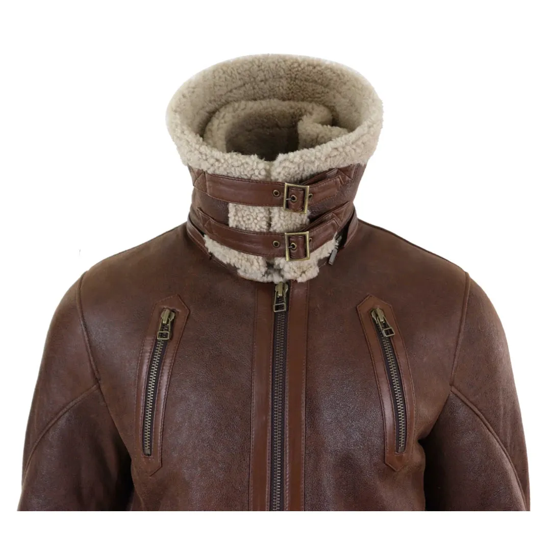 Men's 3/4 Shearling Sheepskin Jacket Brown Beige Long Belt Flying Cockpit