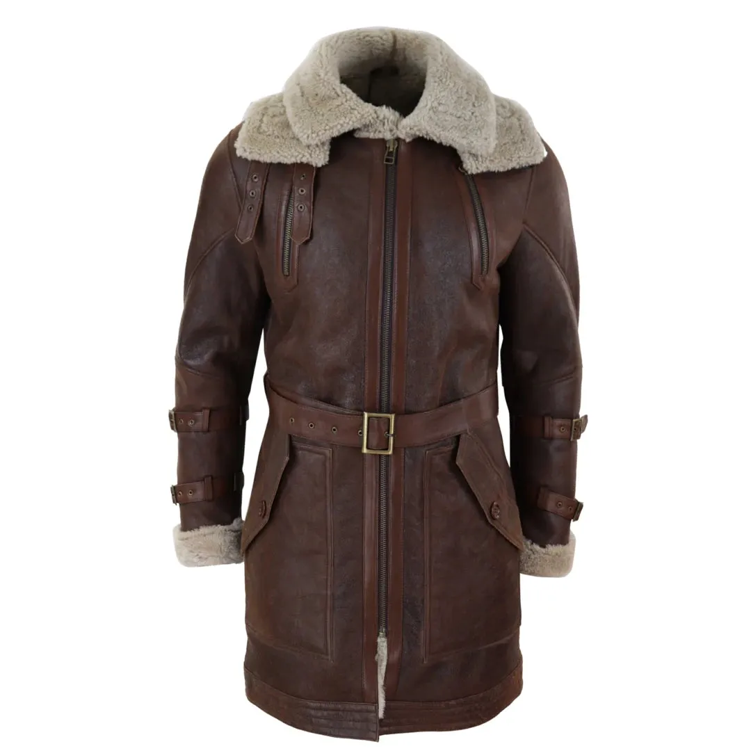 Men's 3/4 Shearling Sheepskin Jacket Brown Beige Long Belt Flying Cockpit