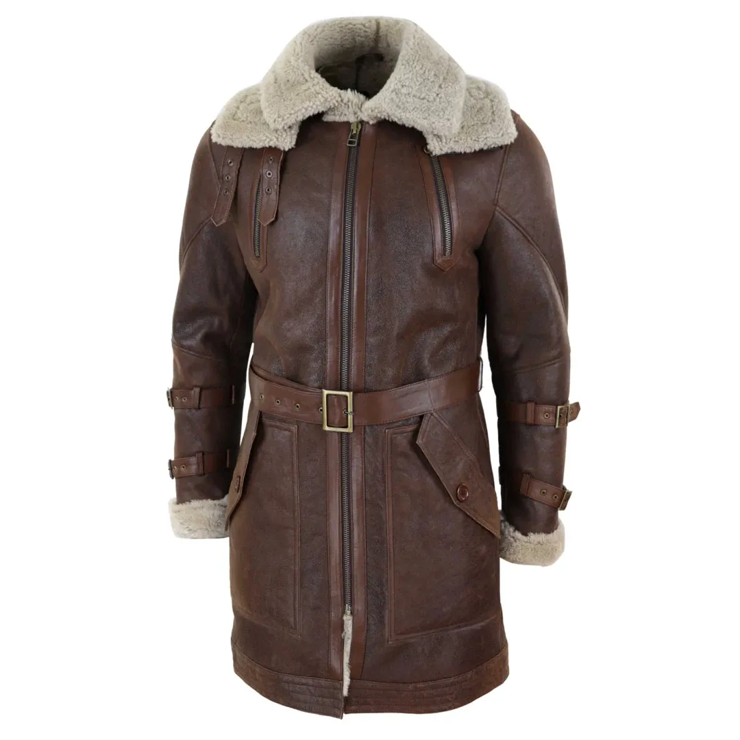 Men's 3/4 Shearling Sheepskin Jacket Brown Beige Long Belt Flying Cockpit
