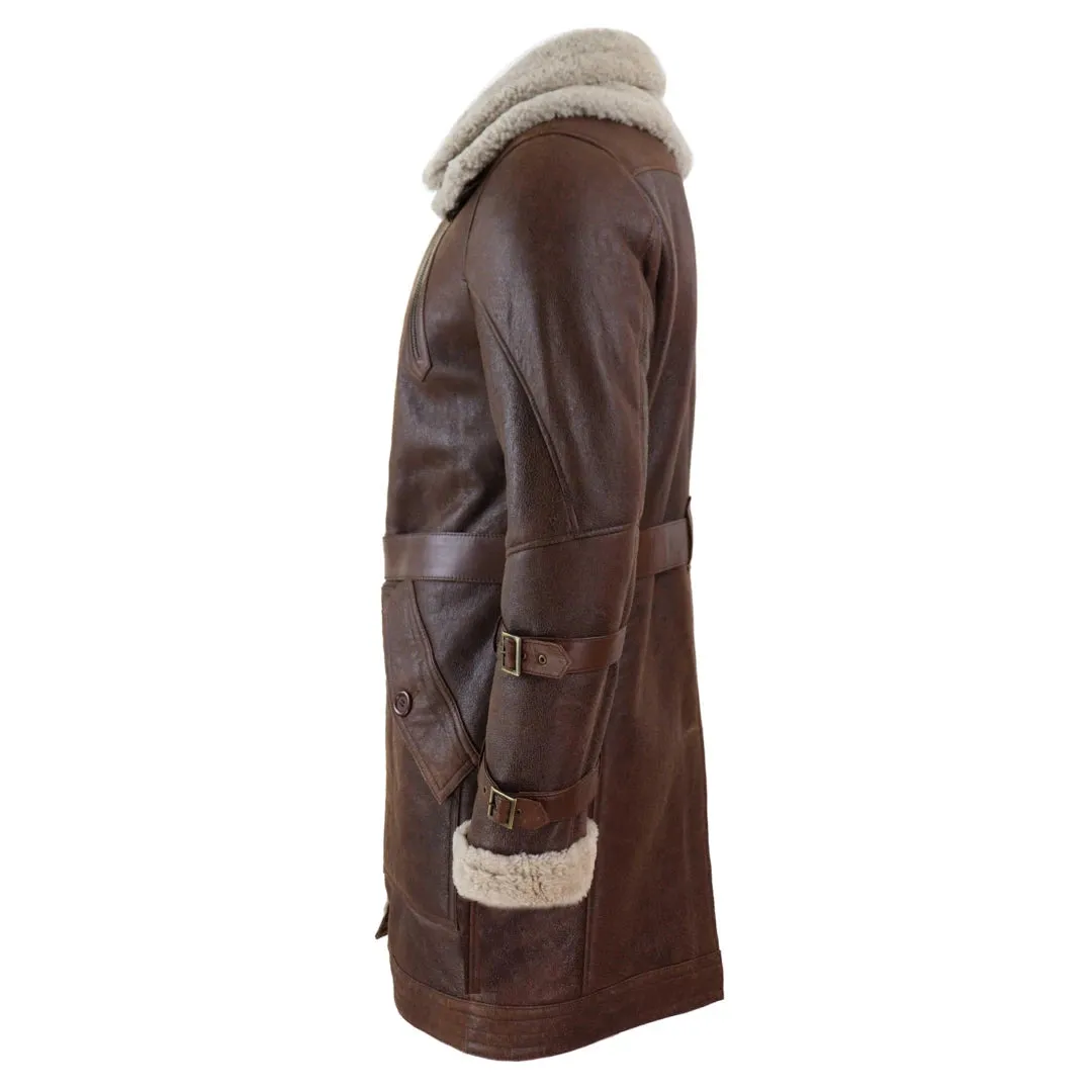 Men's 3/4 Shearling Sheepskin Jacket Brown Beige Long Belt Flying Cockpit