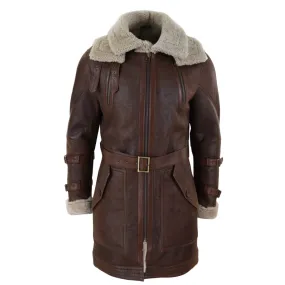 Men's 3/4 Shearling Sheepskin Jacket Brown Beige Long Belt Flying Cockpit