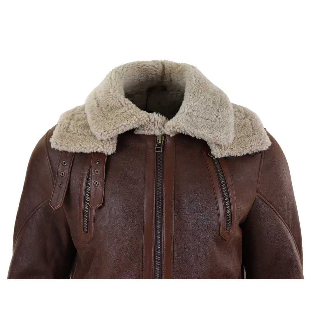 Men's 3/4 Shearling Sheepskin Jacket Brown Beige Long Belt Flying Cockpit