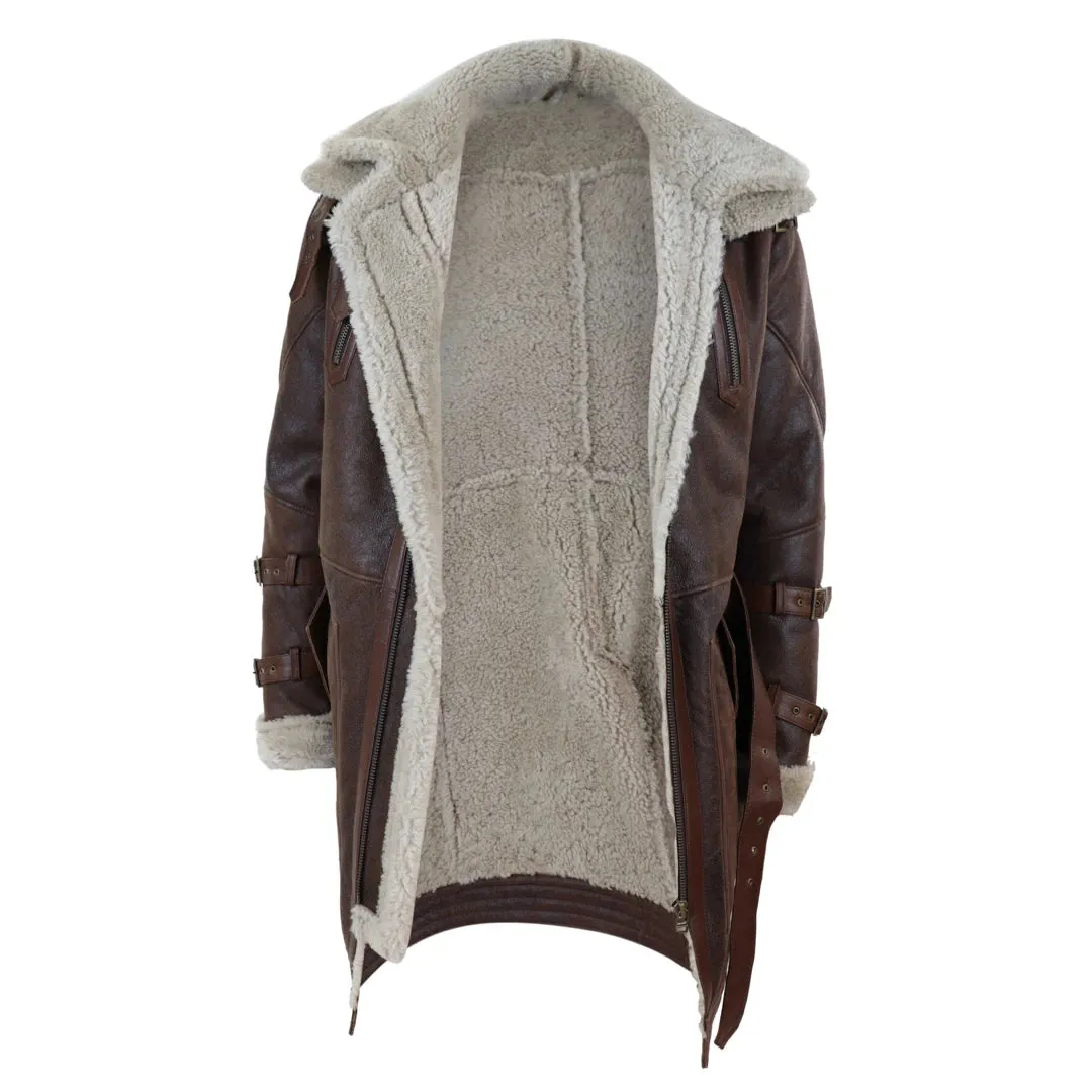 Men's 3/4 Shearling Sheepskin Jacket Brown Beige Long Belt Flying Cockpit