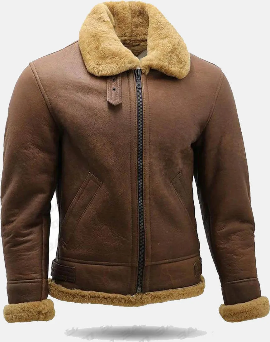 Men's Brown B3 Shearling Sheepskin WW2 Bomber Leather Flying Aviator Jacket