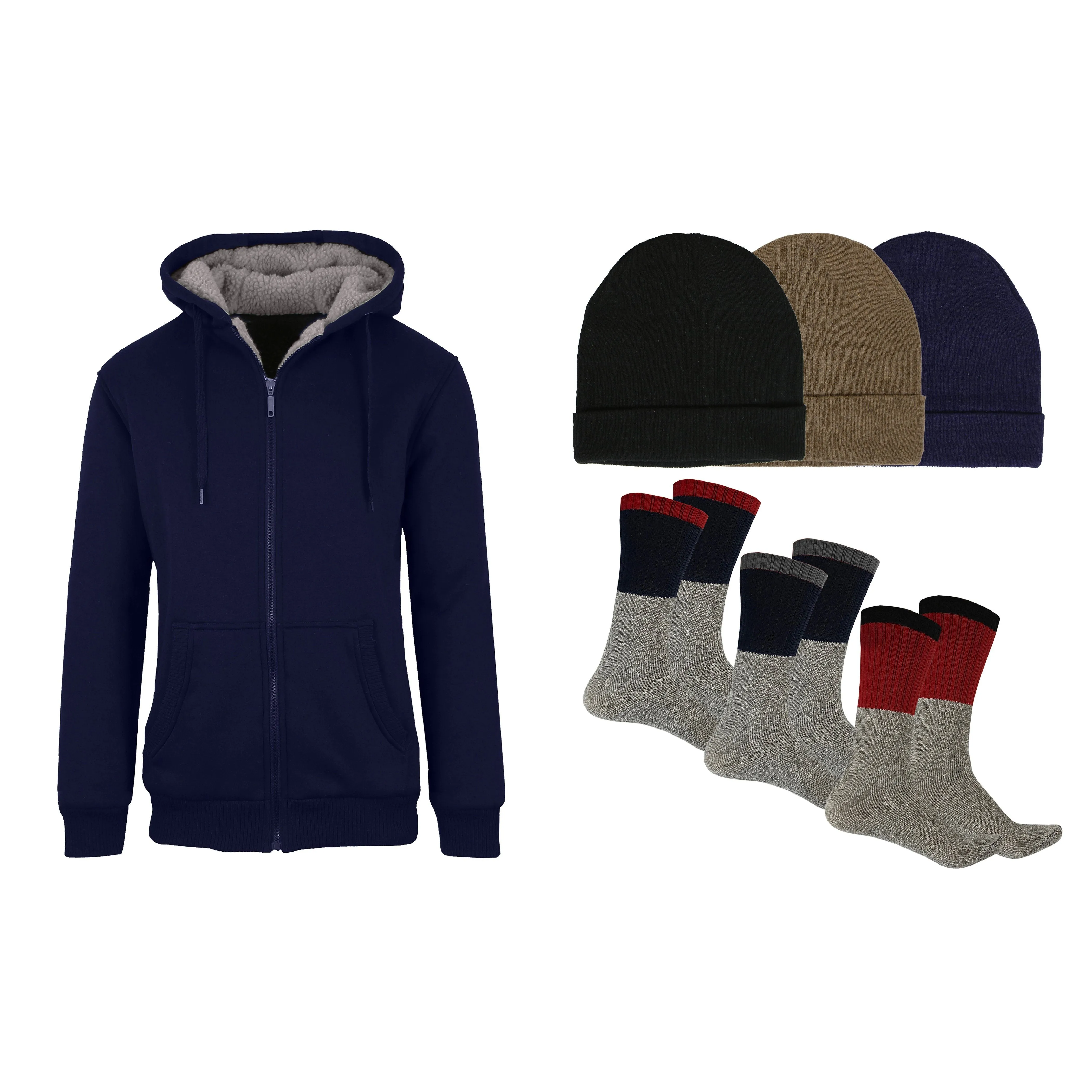 Men's Sherpa Hoodie, Fleece Lined Hat and Thermal Socks Gift Set