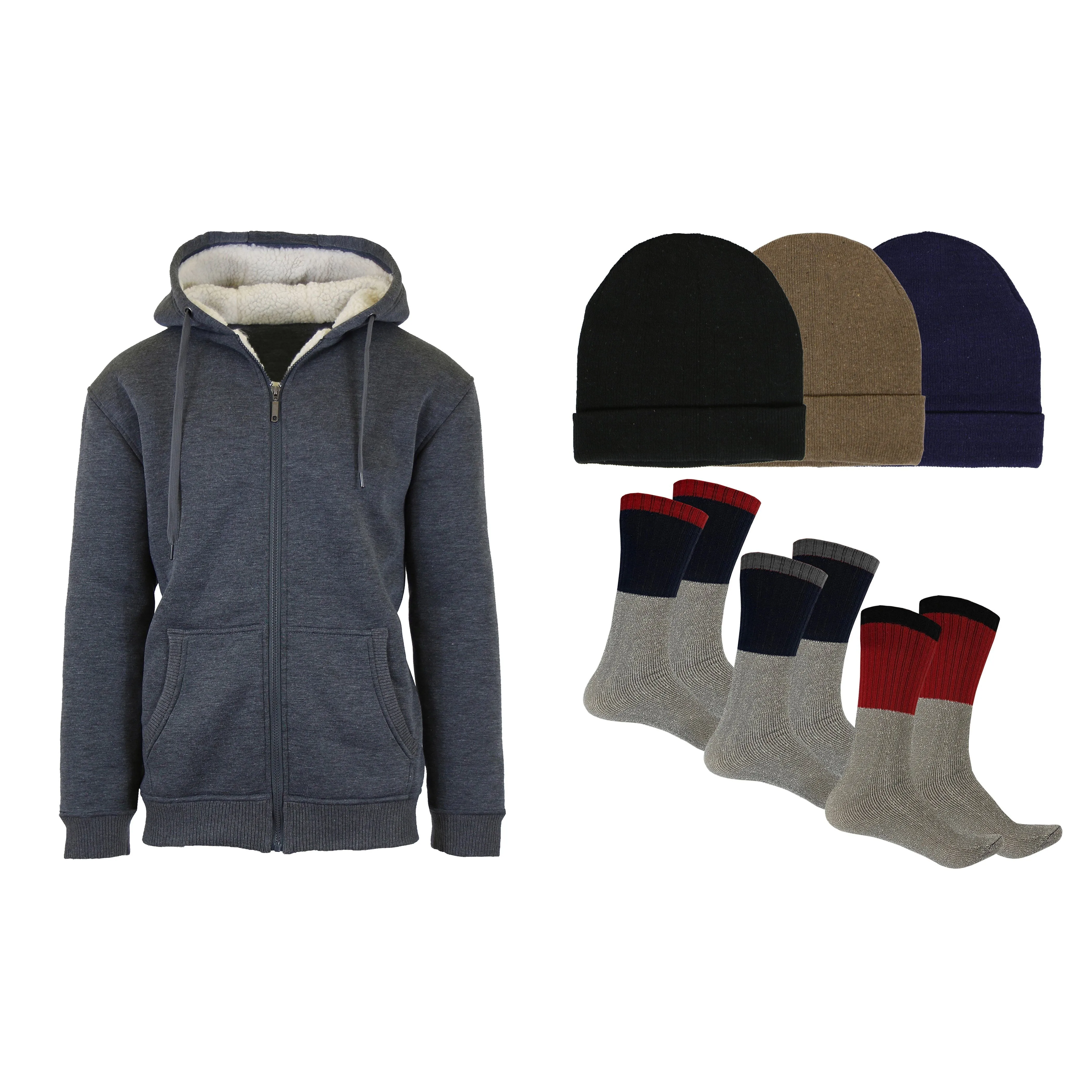 Men's Sherpa Hoodie, Fleece Lined Hat and Thermal Socks Gift Set