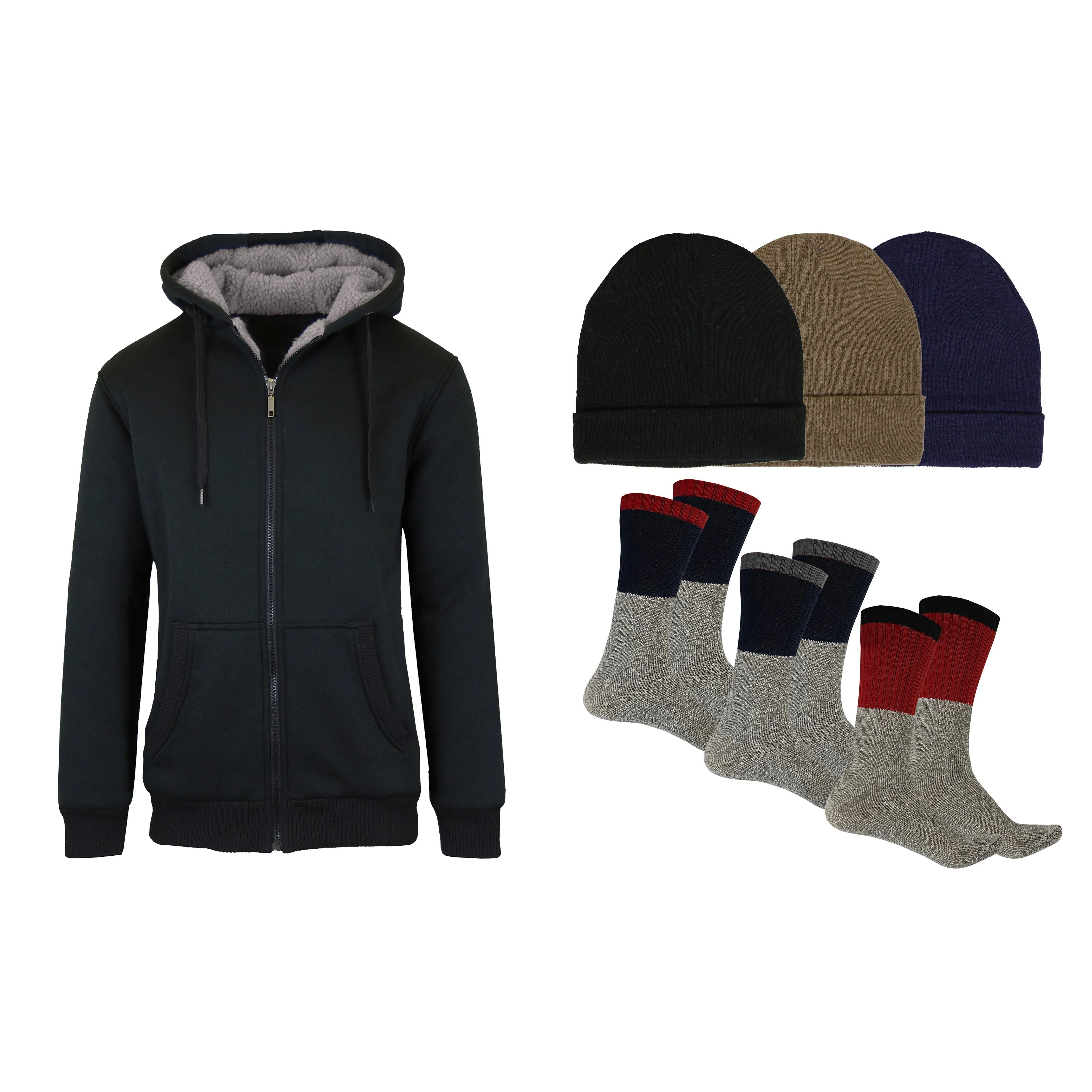 Men's Sherpa Hoodie, Fleece Lined Hat and Thermal Socks Gift Set