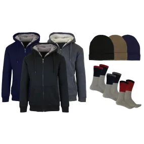 Men's Sherpa Hoodie, Fleece Lined Hat and Thermal Socks Gift Set