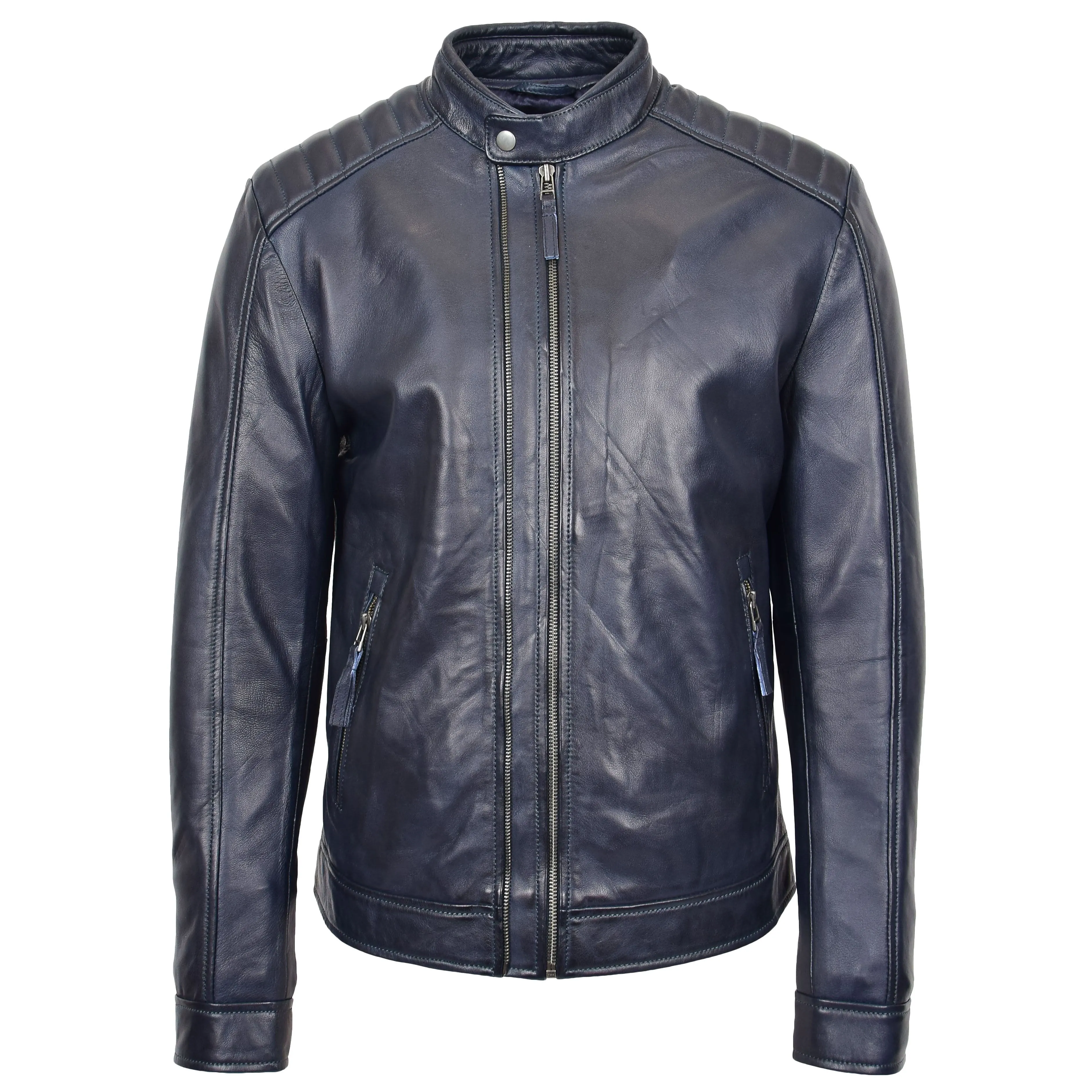 Mens Soft Real Leather Biker Style Jacket Band Collar Zip Fasten ASHER Navy