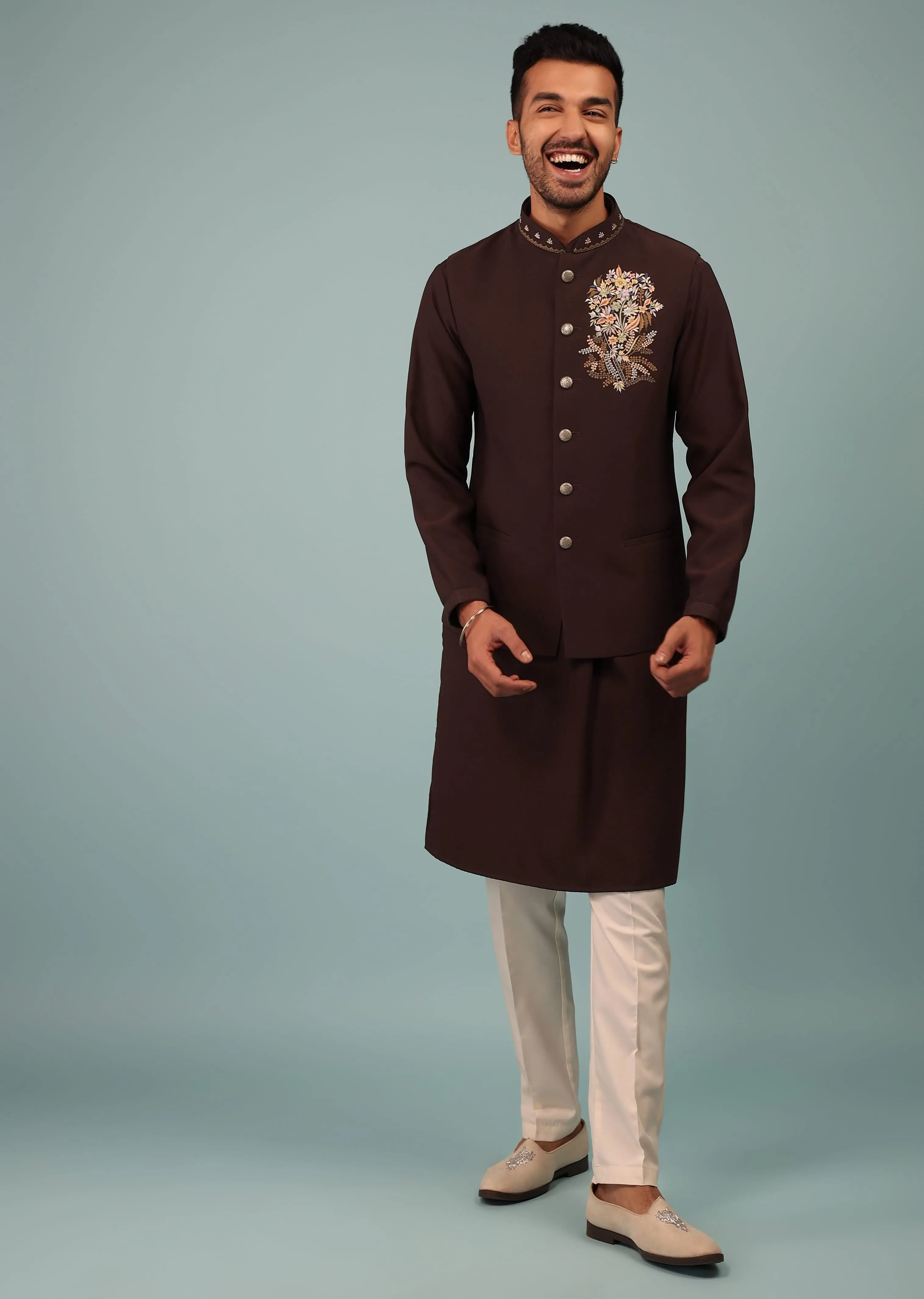 Mulberry Purple Bandi Jacket Set In Handloom Poly Wool With Multicolor Floral Butti Embroidery