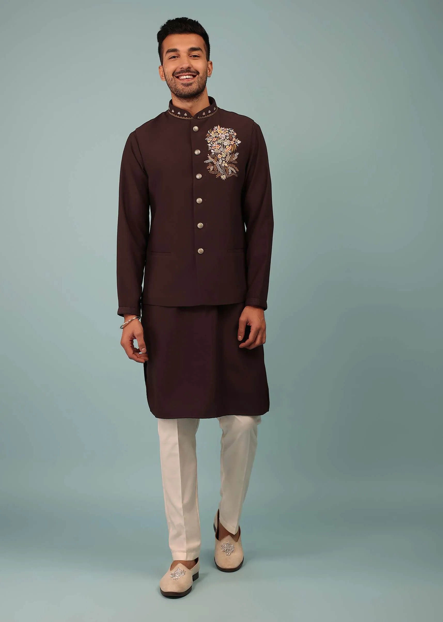 Mulberry Purple Bandi Jacket Set In Handloom Poly Wool With Multicolor Floral Butti Embroidery