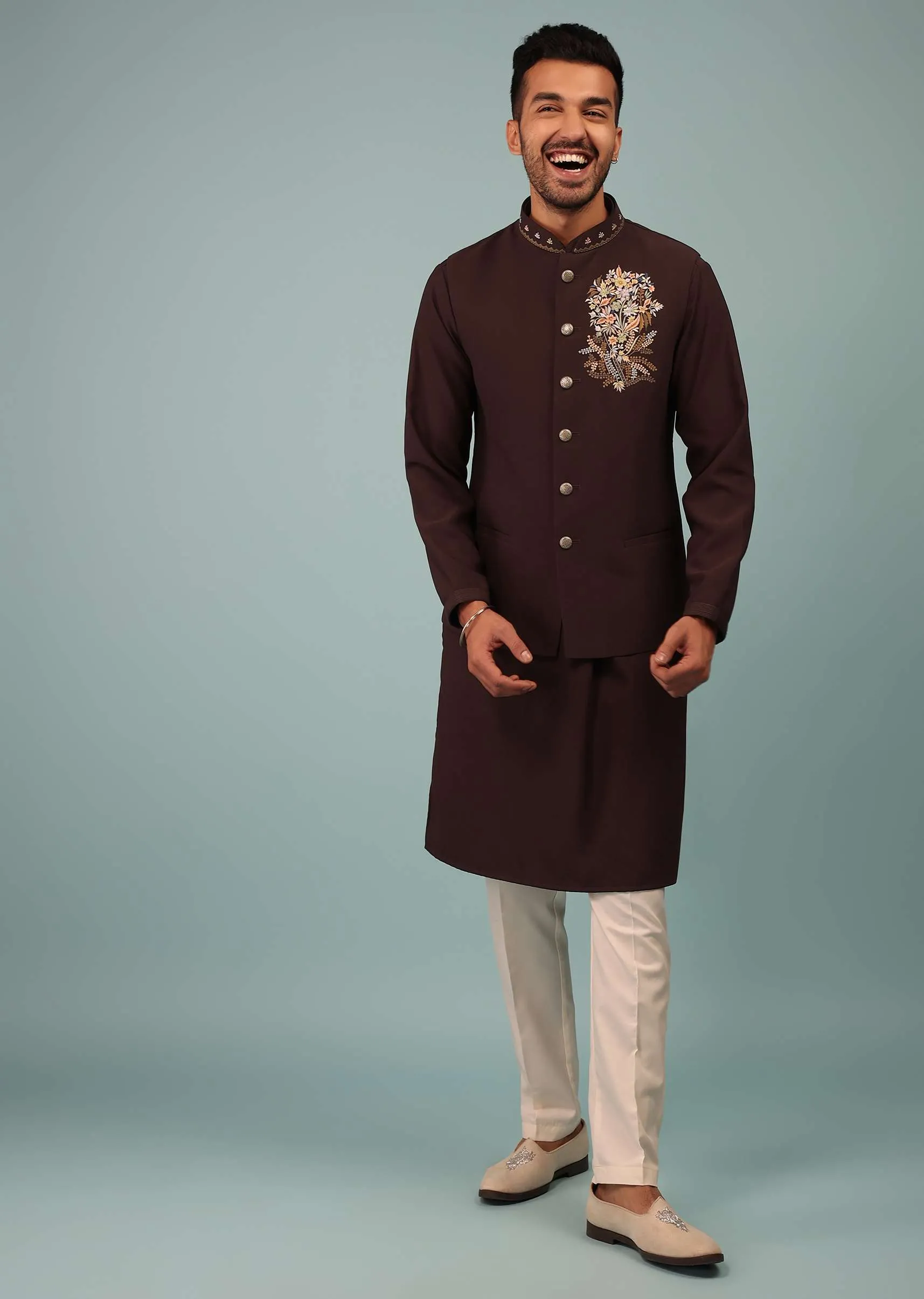 Mulberry Purple Bandi Jacket Set In Handloom Poly Wool With Multicolor Floral Butti Embroidery