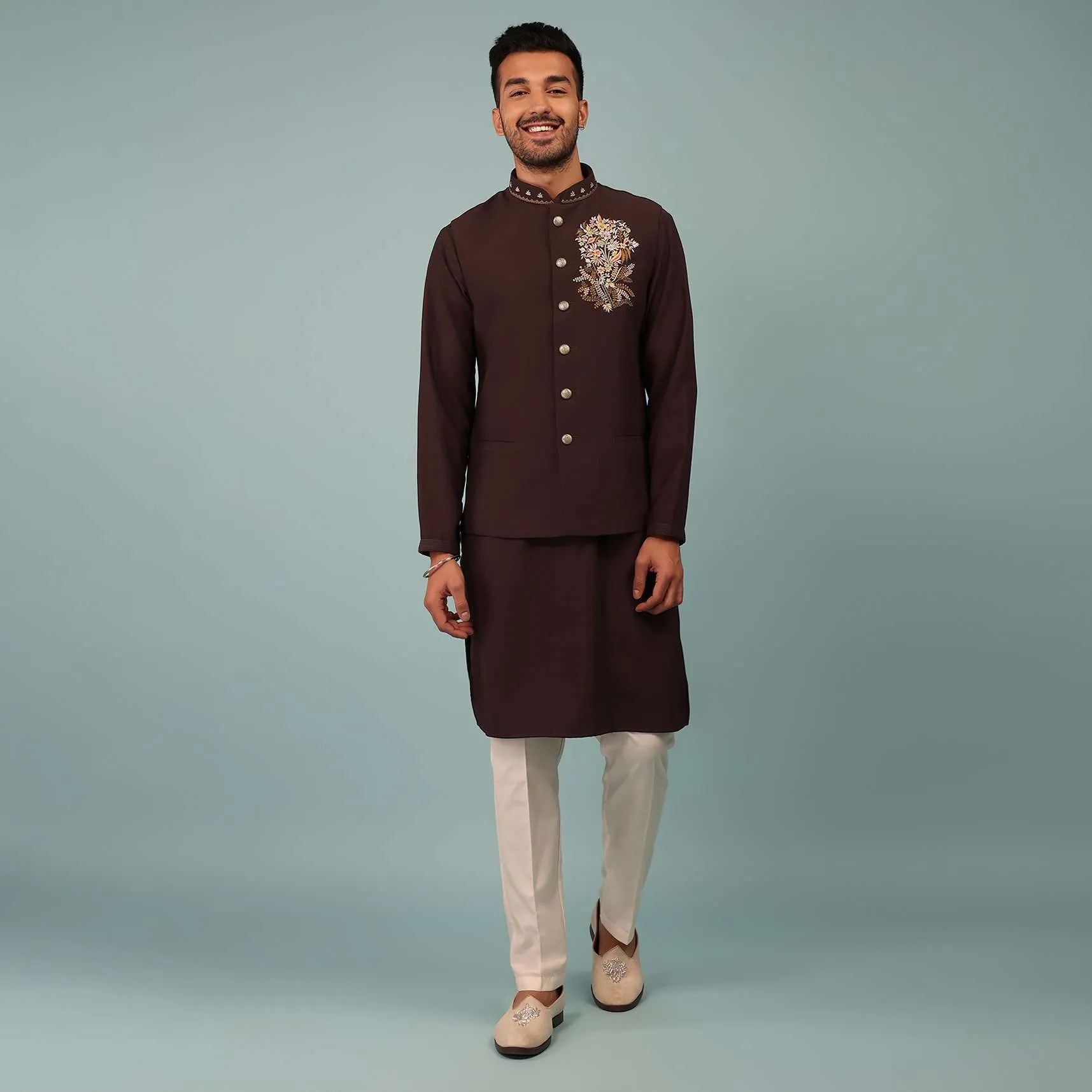 Mulberry Purple Bandi Jacket Set In Handloom Poly Wool With Multicolor Floral Butti Embroidery