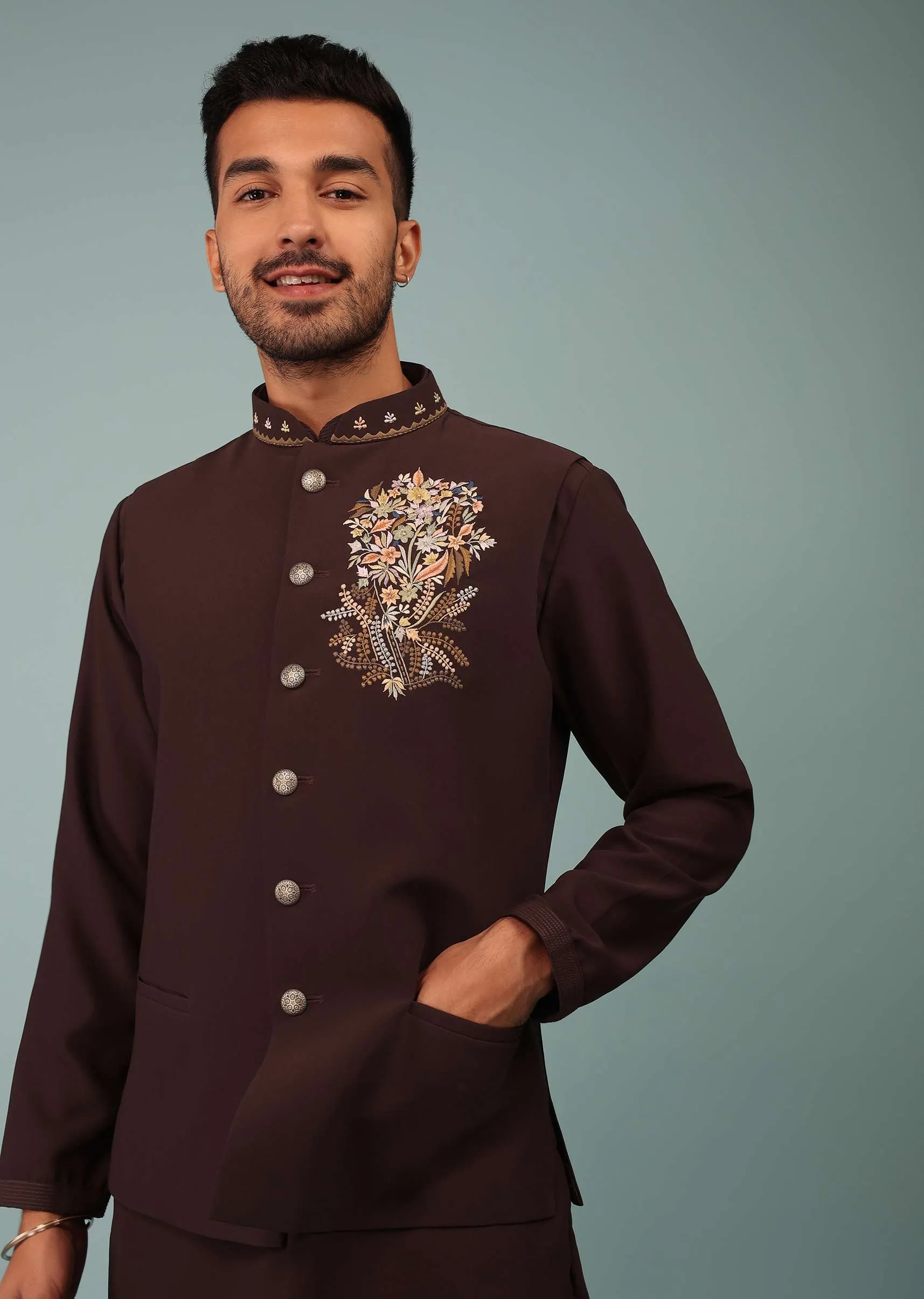 Mulberry Purple Bandi Jacket Set In Handloom Poly Wool With Multicolor Floral Butti Embroidery