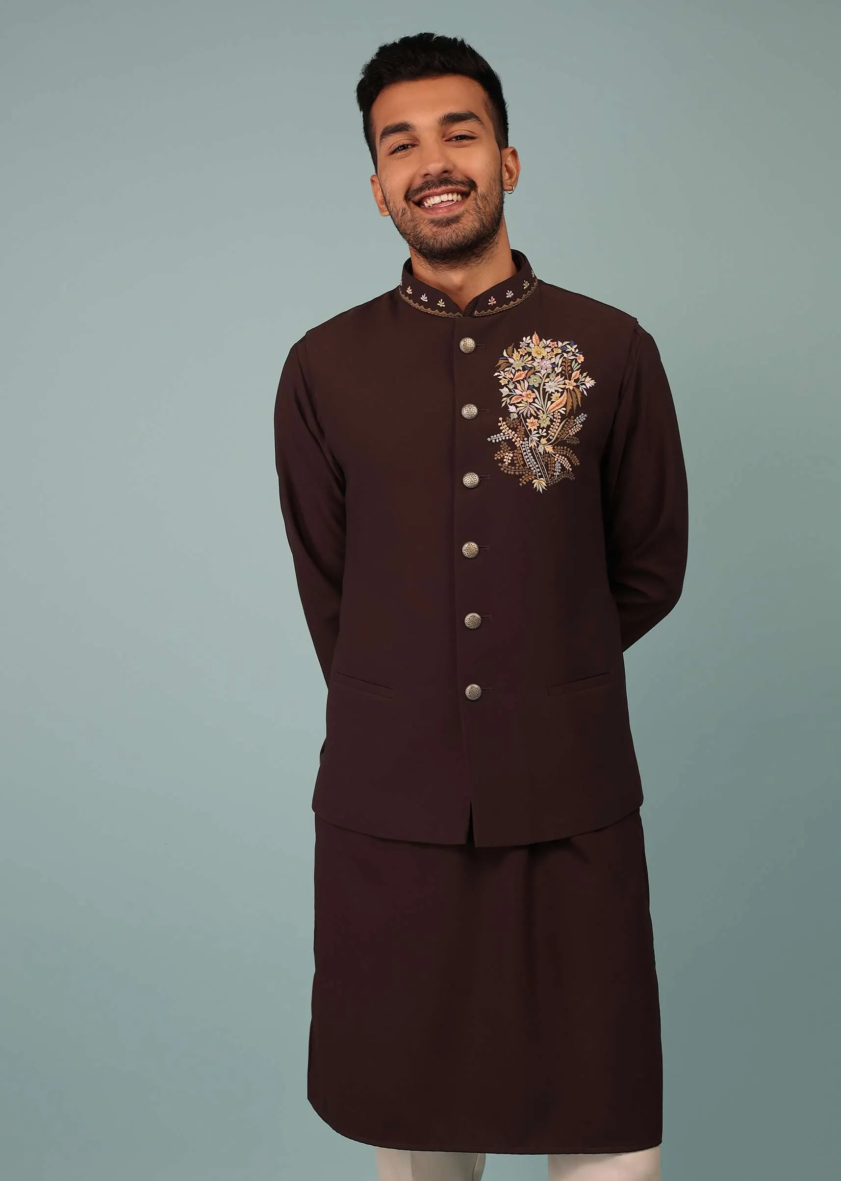 Mulberry Purple Bandi Jacket Set In Handloom Poly Wool With Multicolor Floral Butti Embroidery
