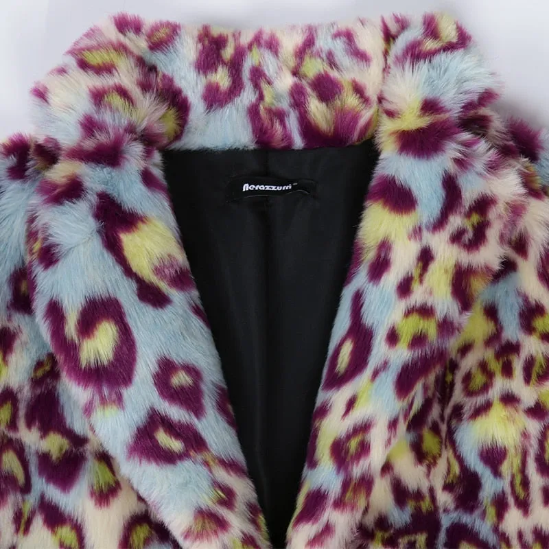 Multicolor Long Colorful Leopard Print Faux Fur Coat Women