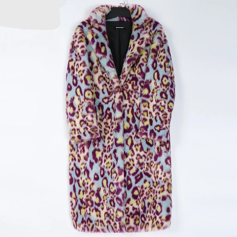 Multicolor Long Colorful Leopard Print Faux Fur Coat Women