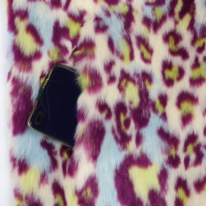Multicolor Long Colorful Leopard Print Faux Fur Coat Women