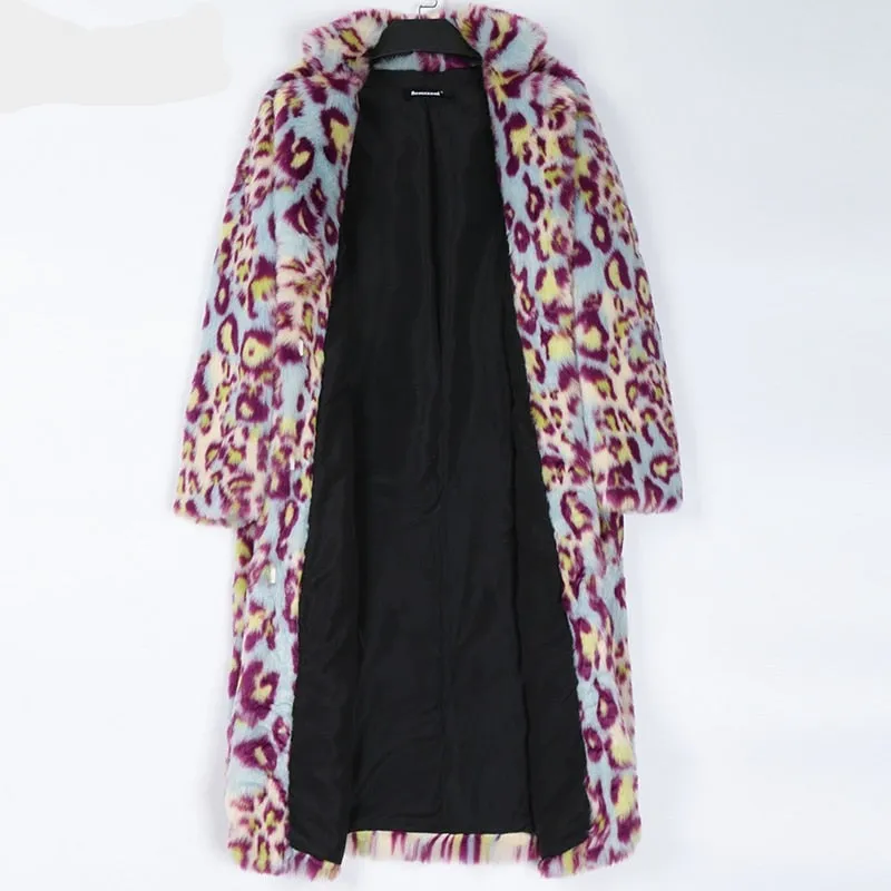 Multicolor Long Colorful Leopard Print Faux Fur Coat Women