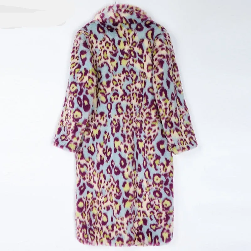 Multicolor Long Colorful Leopard Print Faux Fur Coat Women
