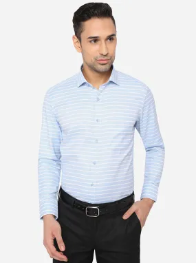 Sky Blue & White Striped Slim Fit Formal Shirt | Greenfibre