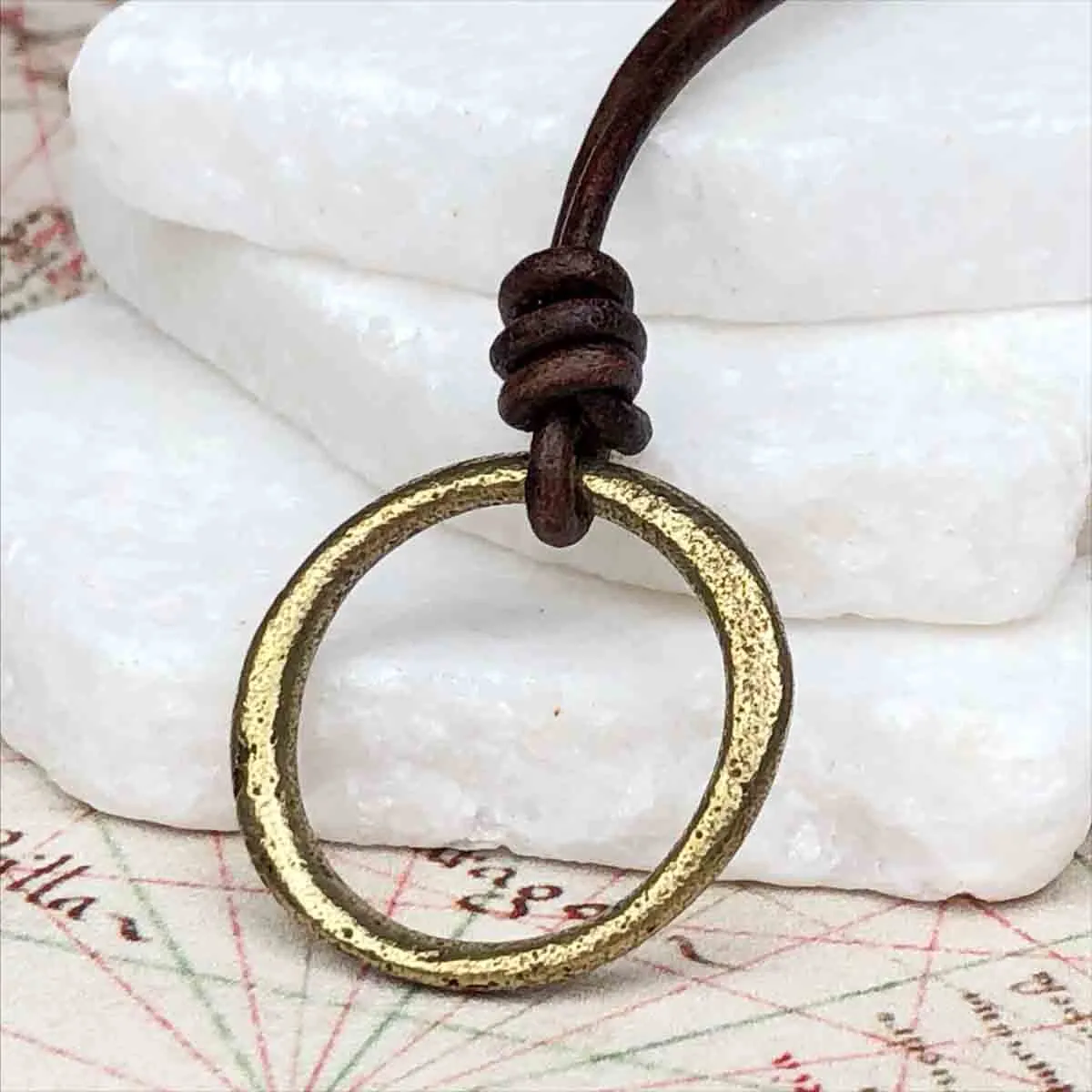 Smooth Golden Bronze Celtic Ring Money Leather Necklace | Artifact #3381