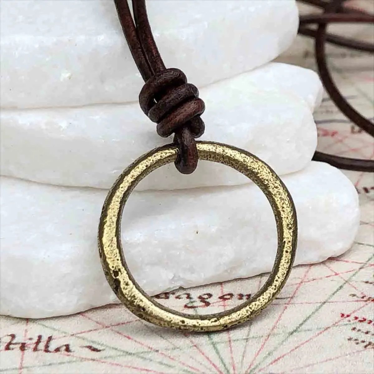 Smooth Golden Bronze Celtic Ring Money Leather Necklace | Artifact #3381