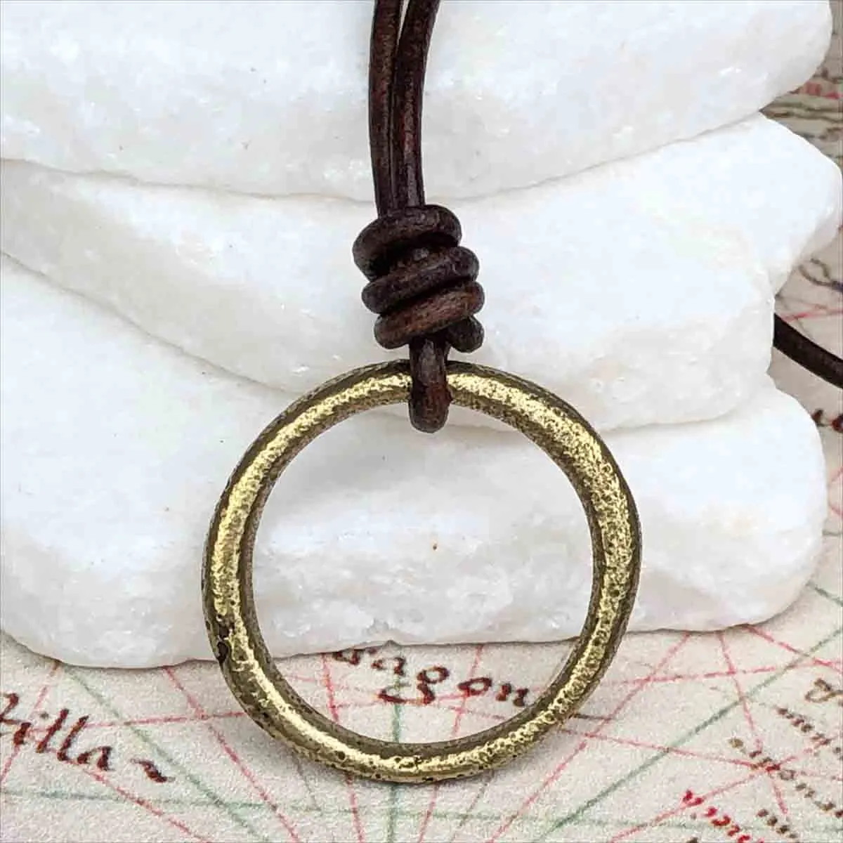Smooth Golden Bronze Celtic Ring Money Leather Necklace | Artifact #3381