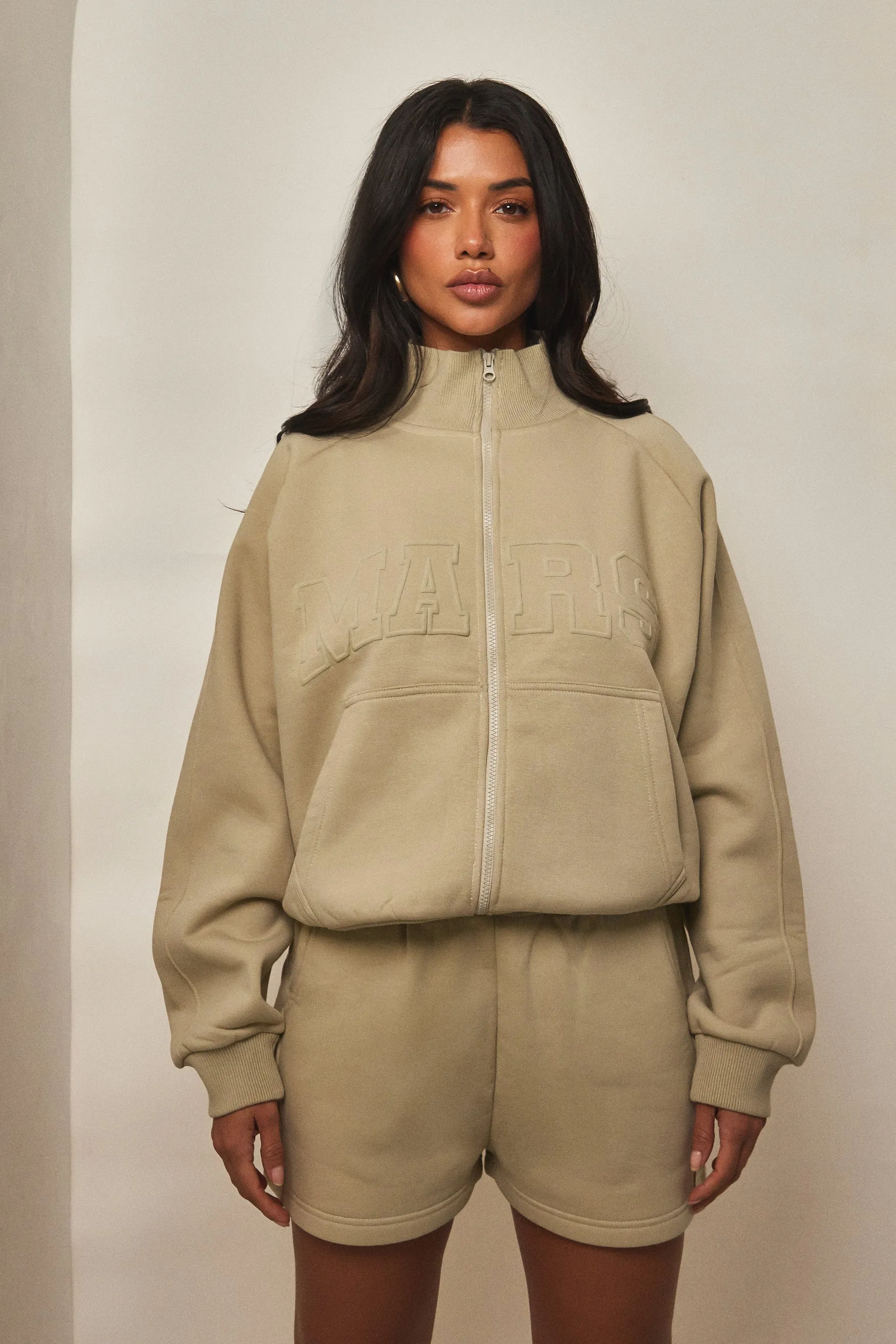 The Graphic Varsity Funnel Zip Jacket - Stone