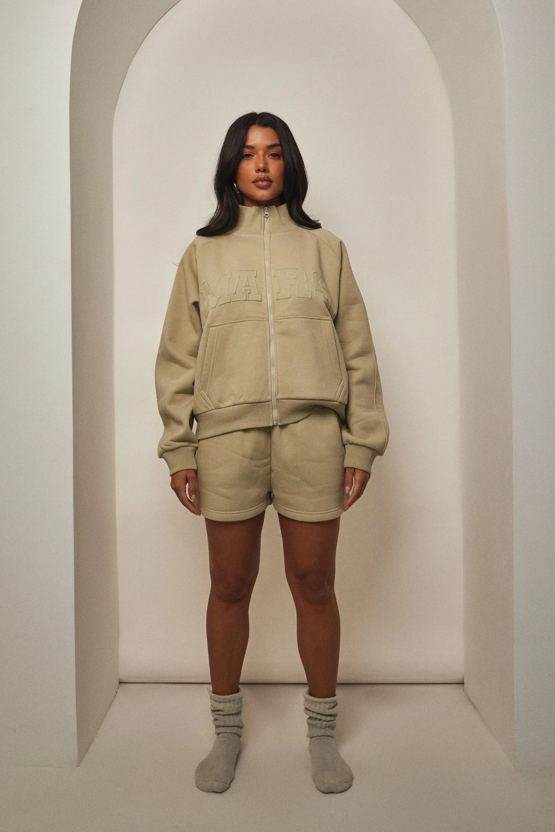 The Graphic Varsity Funnel Zip Jacket - Stone