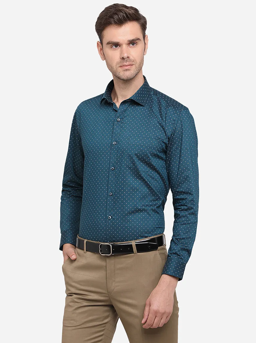 Turquoise Blue Printed Slim Fit Formal Shirt | Greenfibre