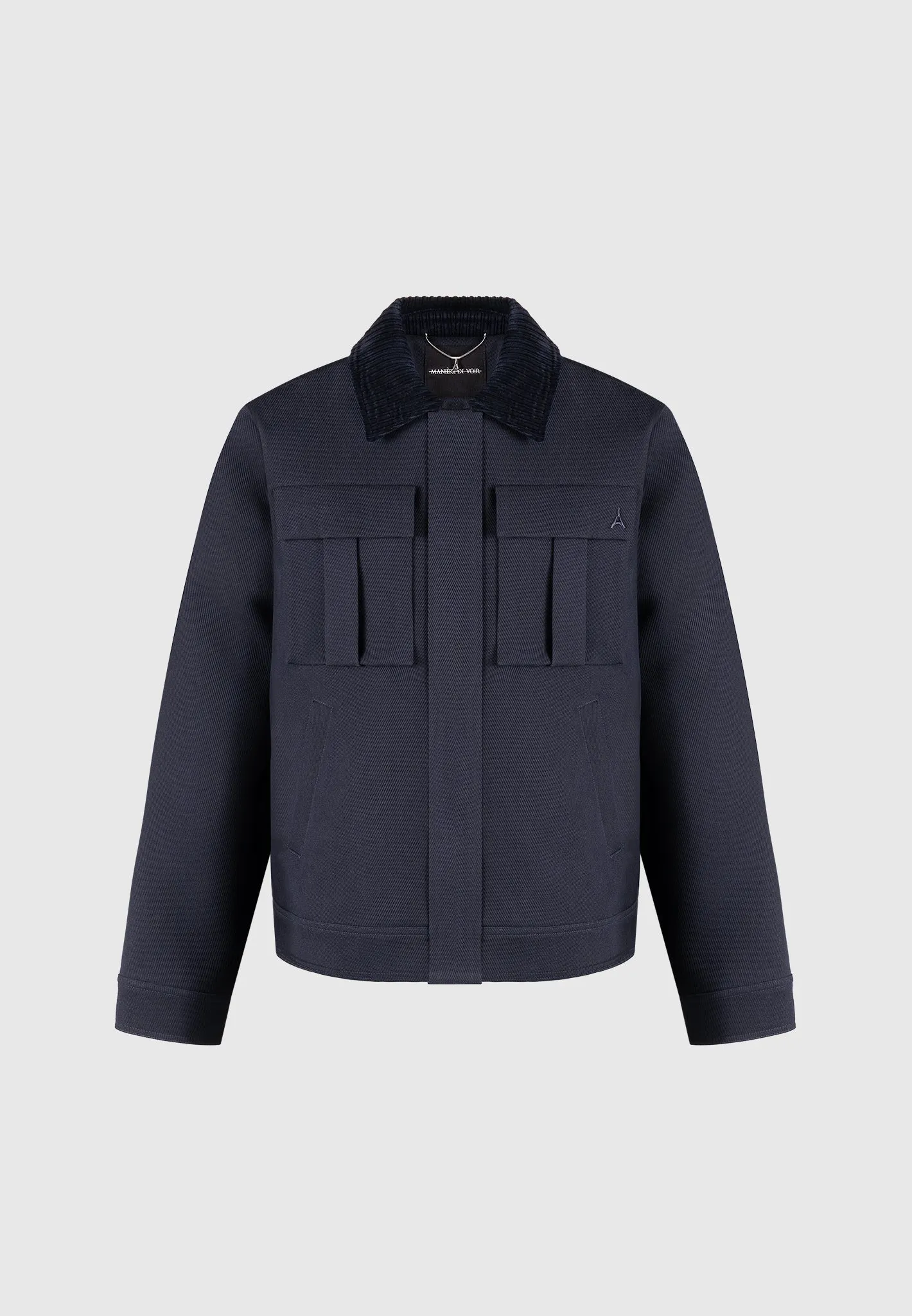 Twill Trucker Jacket with Velvet Collar - Navy