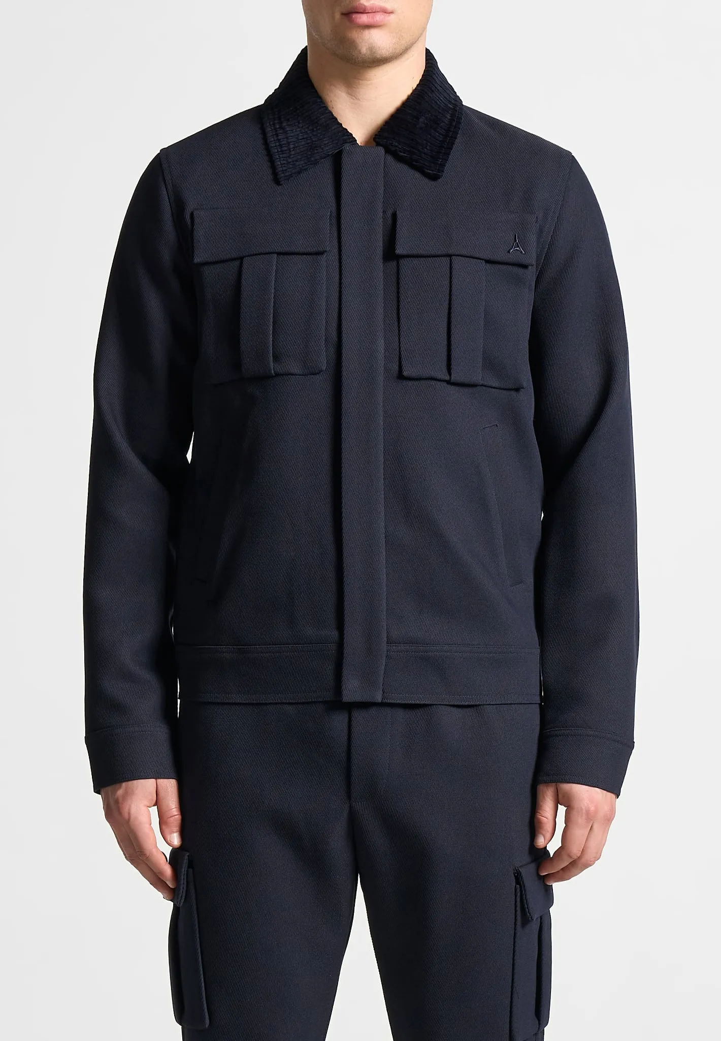 Twill Trucker Jacket with Velvet Collar - Navy