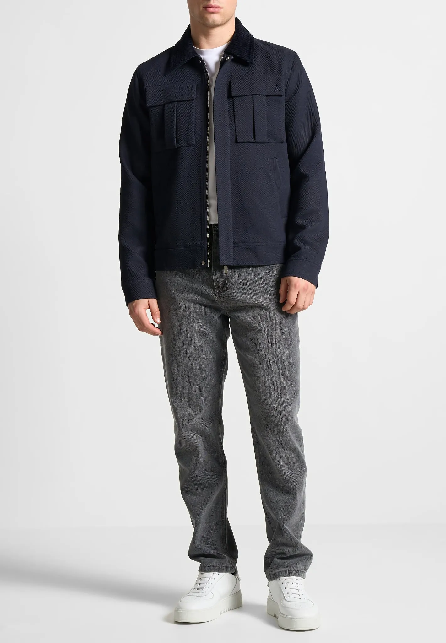 Twill Trucker Jacket with Velvet Collar - Navy