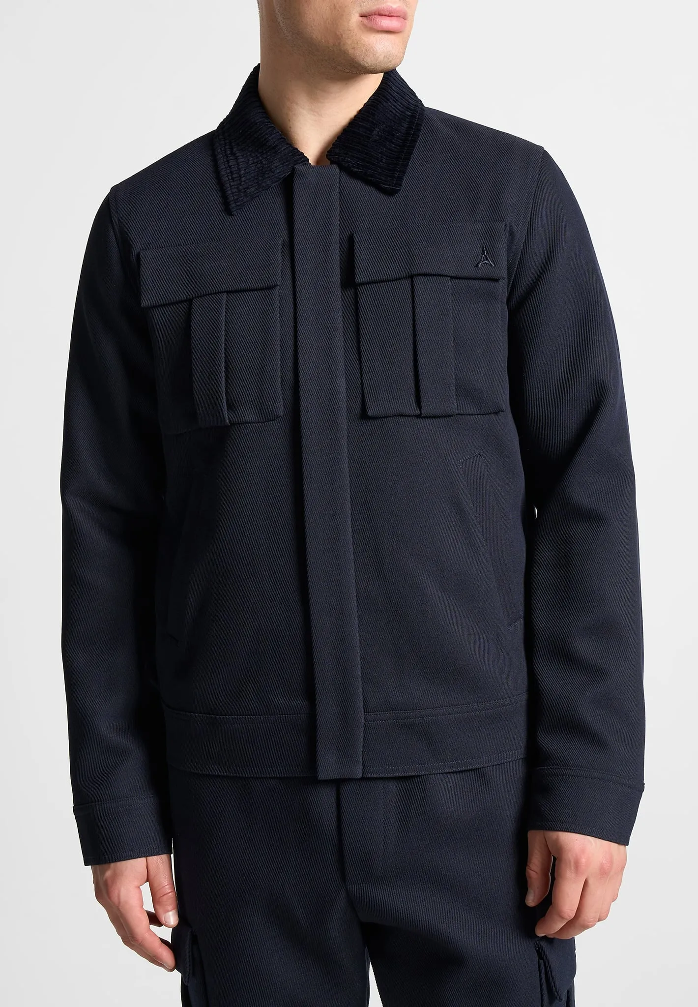 Twill Trucker Jacket with Velvet Collar - Navy