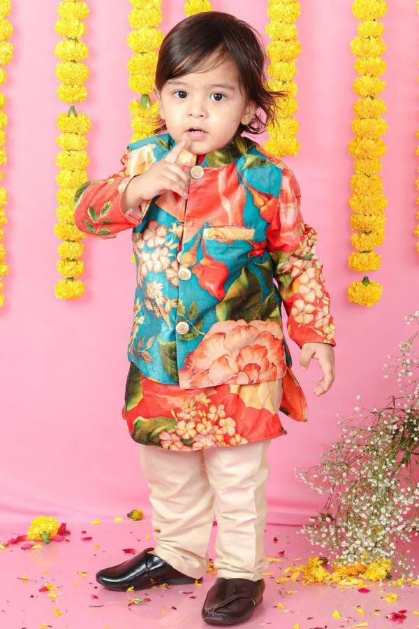 Velvet Floral Printed Orange Kurta With Green Velvet Jacket And Pyjama