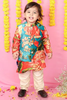 Velvet Floral Printed Orange Kurta With Green Velvet Jacket And Pyjama