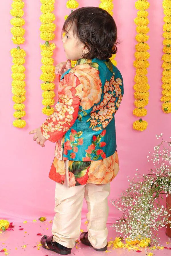 Velvet Floral Printed Orange Kurta With Green Velvet Jacket And Pyjama