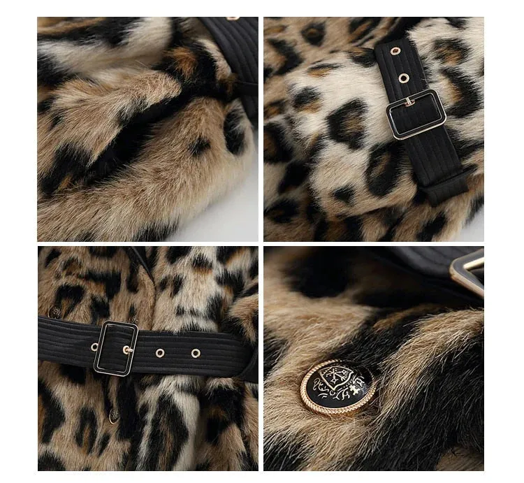 Women Long Leopard Print Fluffy Faux Fur Trench Coat
